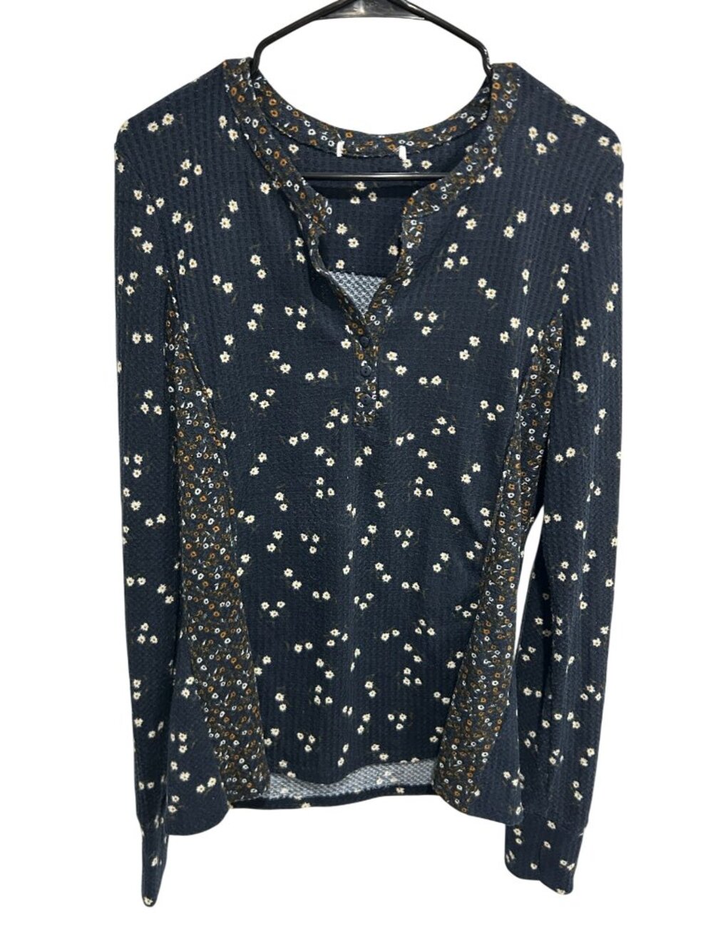 Womens Navy Floral Waffle Knit Long Sleeve Stretch Top Cottagecore Gorpcore